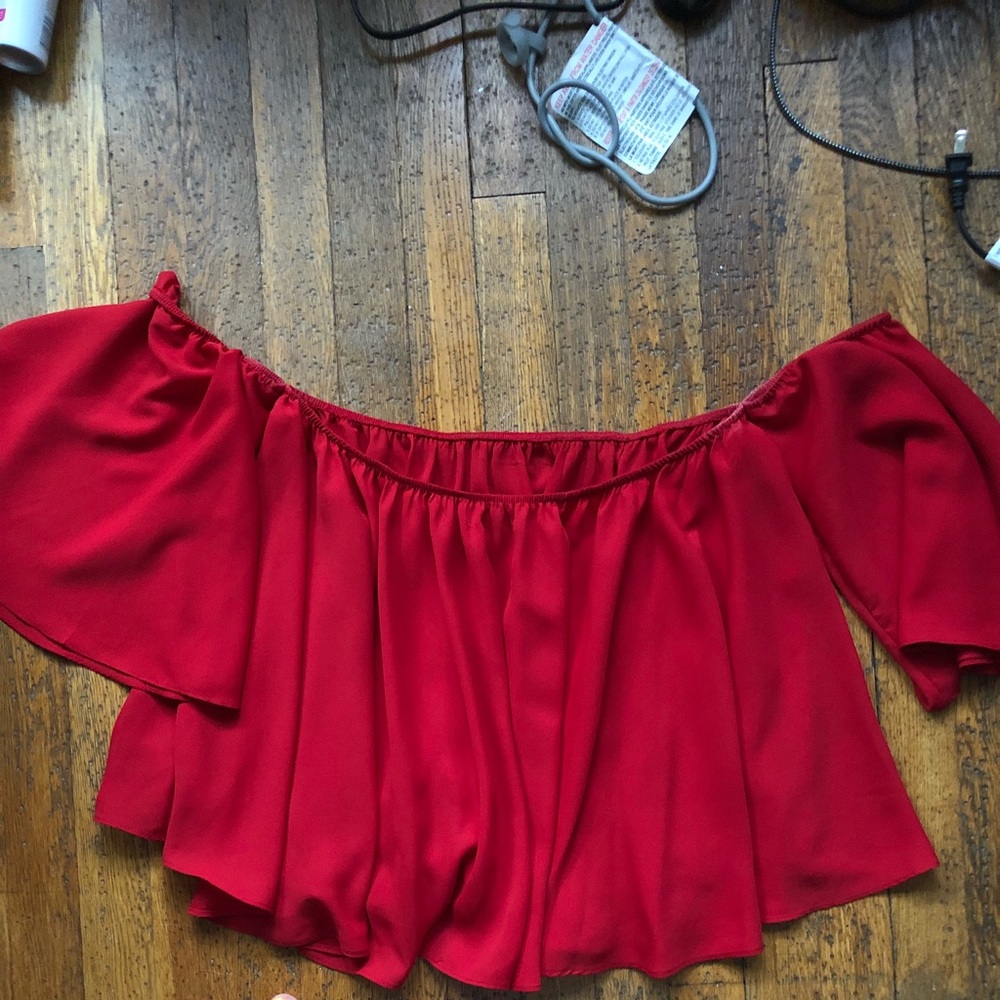 Two Arrows red off the shoulder top